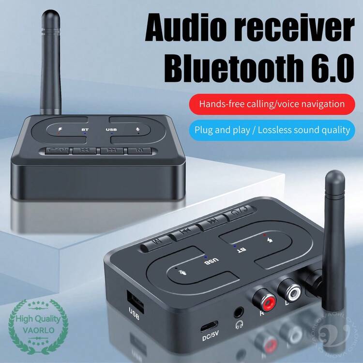 KZ 蓝牙6.0音频接收器，3.5mm AUX R/L RCA Hi-Fi立体声无线适配器，带麦克风，支持USB磁盘播放，适用于车载扬声器、功放和桌面扬声器 - 黑色 - 查看 9