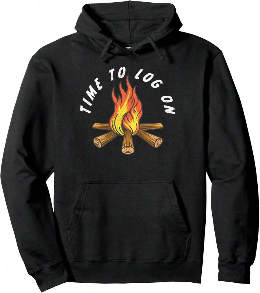 Funny Camping Time To Log On Camping Campfire Vintage Pullover Hoodie Concert Merch Y2K Weekend Outfit - Black - View 1