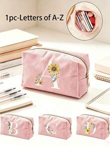 1pc Customized Initial Minimalist Large Capacity Pencil Case, Corduroy Material Multi-Functional Pencil Case, School Supplies, Pencil Bag, Office Supplies, Back To School Gift, Pencil Bag, Backpack - Multicolor - View 3
