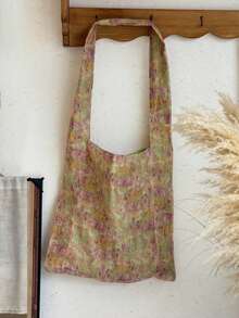 Japanese & Korean Style Niche Design Ins Green & Purple Floral Colorblock Hazy Underarm Shoulder Bag, Fresh Crossbody Bag For Women, Dopamine Niche Textured Shoulder Tote Bag - Multicolor - View 6
