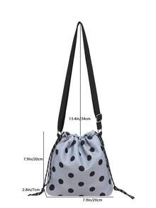 1Pc Nylon Solid Color Drawstring Bucket Bag With Polka Dot Pattern, Fashion Crossbody Shoulder Bag For Women - Grey - View 9