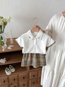 Miniweenns Baby Girl Preppy Back To School Summer Letter Embroidered Polo Collar Set, White & Brown Plaid Short Sleeve Top + Skirt 2-Piece Outfit - Multicolor - View 4