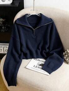Navy Blue Half Zip Ribbed Knit Lapel Collar Drop Shoulder Long Sleeve Plus Size Plus Size Women's Casual Y2K Back To School Holiday Top Fall Winter - Navy - View 4