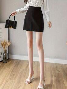 Elegant High Waisted Stretch Mini Skirt Solid Black Bodycon Short Skirt Slim Fit Elastic Waist Casual Skirt For Women Spring Summer Autumn - Black - View 4