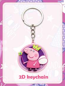 Peppa Pig Theme 2D Keychain Cartoon 2 Peppa Pig Round Key Chain With Red Dress, Crown, Magic Wand, White Wings. Material: Waterproof And Scratch-Resistant Metal Ring Chain. Can Be Hung With Car Keys Or Luggage Box. Cartoon Decorative Pendant. - Multiple Styles - View 8