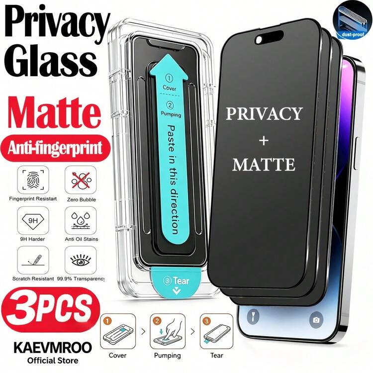 3pcs Matte Privacy Screen Protector, With Auto-Installation Tool Kit, 9H Tempered Glass Privacy Screen Protector, Anti-Scratch, Anti-Fingerprint, Compatible With Phone Case, Full Coverage Screen Protector, With Dust Removal Tool Kit, Compatible With IPhone 17 PRO MAX 17 PRO 12/12 Pro/12 Pro Max/11 Phone Screen Protector, - Black - View 22
