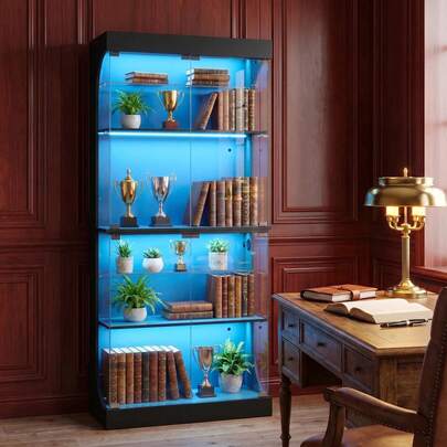 HaluPeit Black Glass Display Cabinet With Adjustable RGB, Human Body Sensing Lighting System, Modern Style, Study, Living Room