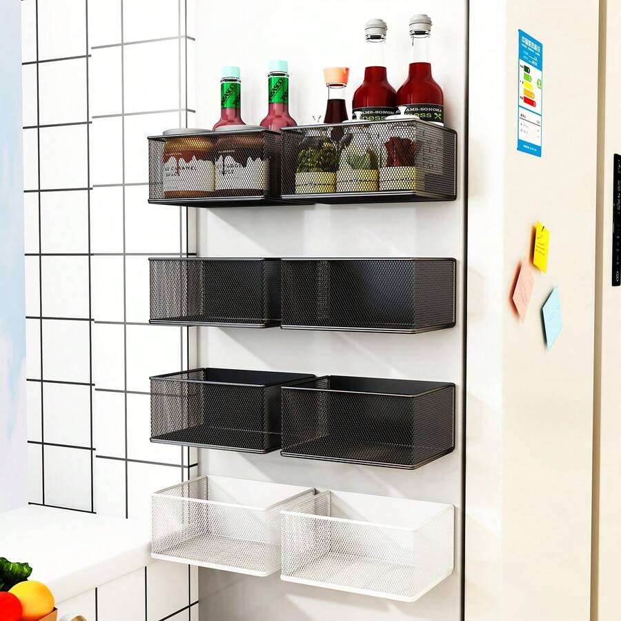 1pc Kitchen Storage Rack, Magnetic Side Rack For Refrigerator, Perforated Board Magnetic Hanging Basket, Spice Rack, Kitchen Supplies, Storage Supplies, Kitchen Storage Rack, Kitchen Utensils, Kitchen Accessories, Kitchen Organization And Storage, Basket - Multicolor - View 1