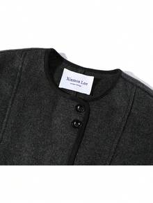 Korean Style Mid-Length Round Neck Wool Blend Button Coat, Evening Date, College Daily, Autumn/Winter - Dark Grey - View 2