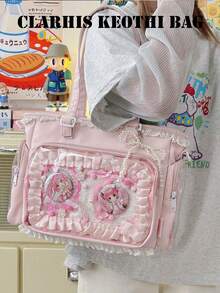 Pink Lace Decorated Ita Tote Bag, Transparent Window Design With Detachable Shoulder Strap, Multiple Pockets, Cute Anime Display Handbag, Purse, Gift - Pink - View 5