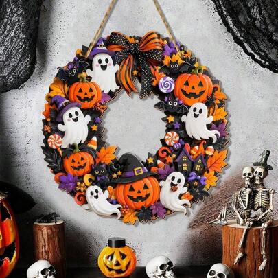 1pc Halloween Wreath For Front Door, Cute Ghost Pumpkin Bat Haunted House Fall Door Wreath With Orange Purple Bow Maple Leaf Candy Decor, Spooky Halloween Home Wall Hanging Decor For Porch Indoor Outdoor Party Decorations