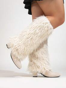 Women's Wide Calf Long Fur High Boots, Pointed Toe Chunky Heel Zipper Design, Beige High Heel Wide Calf Long Boots, Slimming High Boots - Beige Wool - View 4