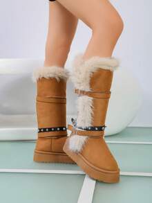 Women's Rivet Belt High-Top Snow Boots, Thick Sole Thermal Lined Warm Long Boots - Camel - View 3