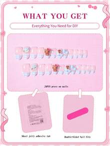 Sanrio Hello Kitty 24片短橢圓藍色格紋法式穿戴甲，附可愛3D Hello Kitty、蝴蝶結與海豚設計，完美貼合壓克力假指甲組，含1片果凍膠與1片指甲锉，適合女孩日常與派對使用 - 彩色 - 查看 3