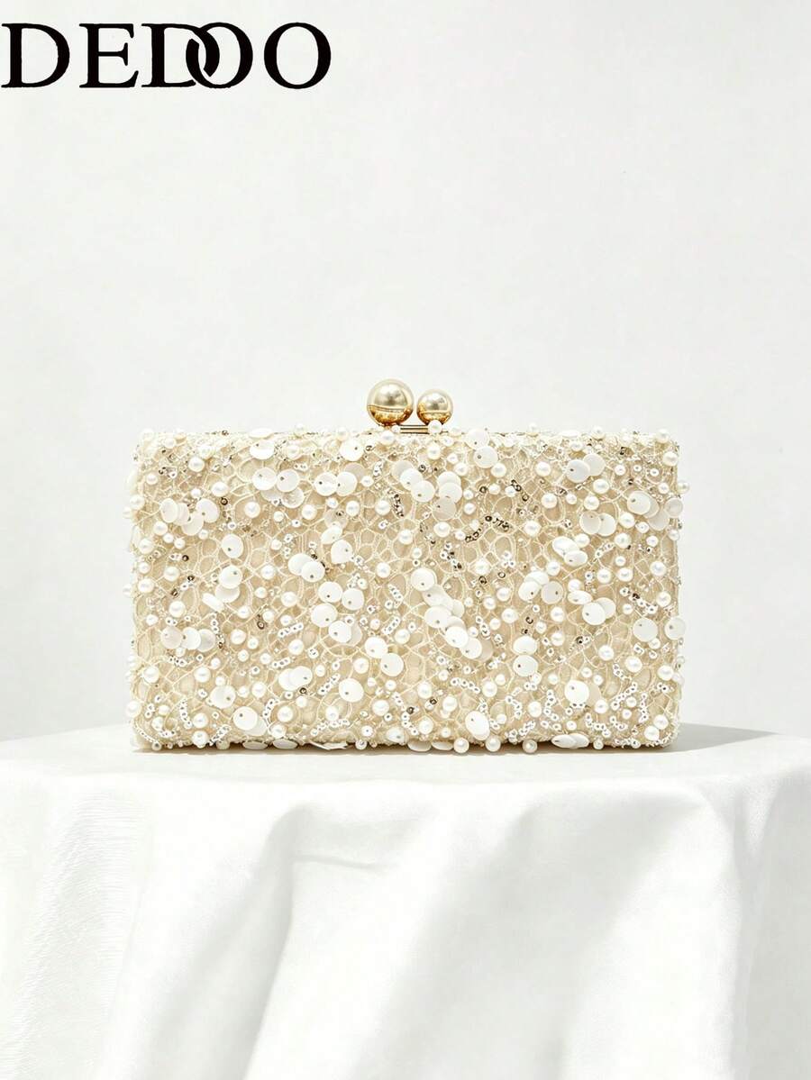Women's Evening Clutch, Rectangular Hard Frame Bag, Beaded & Round Sequin Lace Covered Pattern, Suitable For Wedding, Ball, Bridal Party
