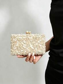 Women's Evening Clutch, Rectangular Hard Frame Bag, Beaded & Round Sequin Lace Covered Pattern, Suitable For Wedding, Ball, Bridal Party - Gold - View 3
