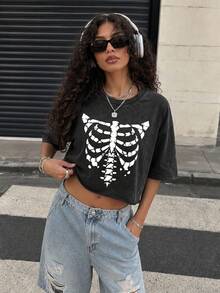 Women's Halloween Gothic Skull Print Cropped T-Shirt, Dark Punk Street Style Party Top Sports - Black - View 1