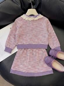 Young Girls Sweet Elegant Knit Cardigan Jacket & Skirt Set 2Pcs, Colorblock Lace Trim Pearl Button Outfits Kids Fall Winter Holiday Photo Suits - Mauve Purple - View 7