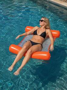1 pieza Hamaca inflable de unicolor, flotador de malla portátil con almohadas inflables dobles para piscina, playa & vacaciones de verano - Naranja - Ver 4