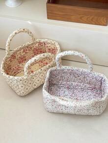 Country Floral Quilted Fabric Handheld Storage Basket Large Capacity Cosmetic Skincare Sundries Organizer With Handle Design Portable Home Organization Solution Decorative Woven Container Perfect For Bathroom Kitchen Bedroom Closet Shelves Display - View 7