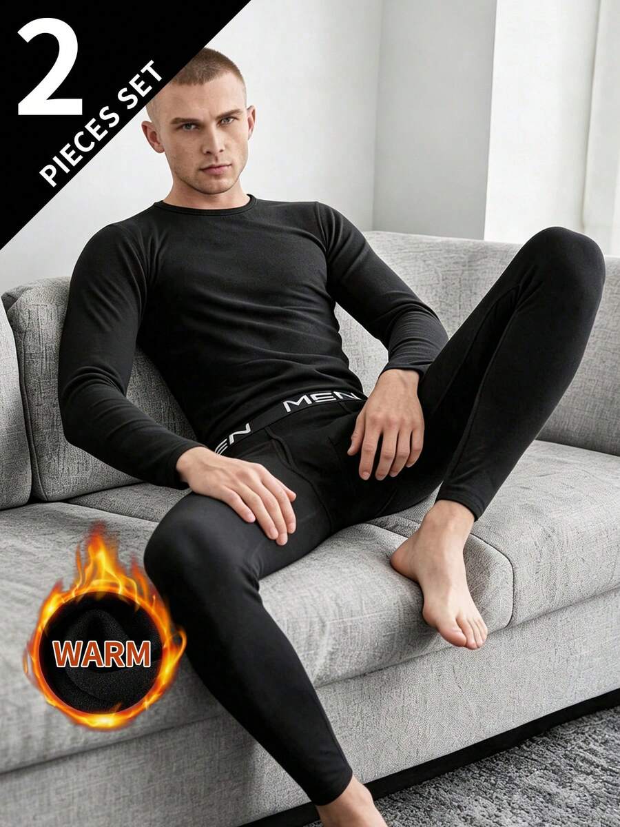 2pcs Men's Thermal Underwear Set, Autumn/Winter Long Sleeve Top + Pants, Adult Innerwear Set