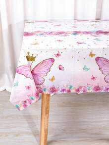 1Pc Disposable Plastic Tablecloth,Pink Butterfly Pattern Rectangle Table Cover For Princess Theme Bridal Shower Baby Shower Girls Birthday Party Decor - Multicolor - View 7