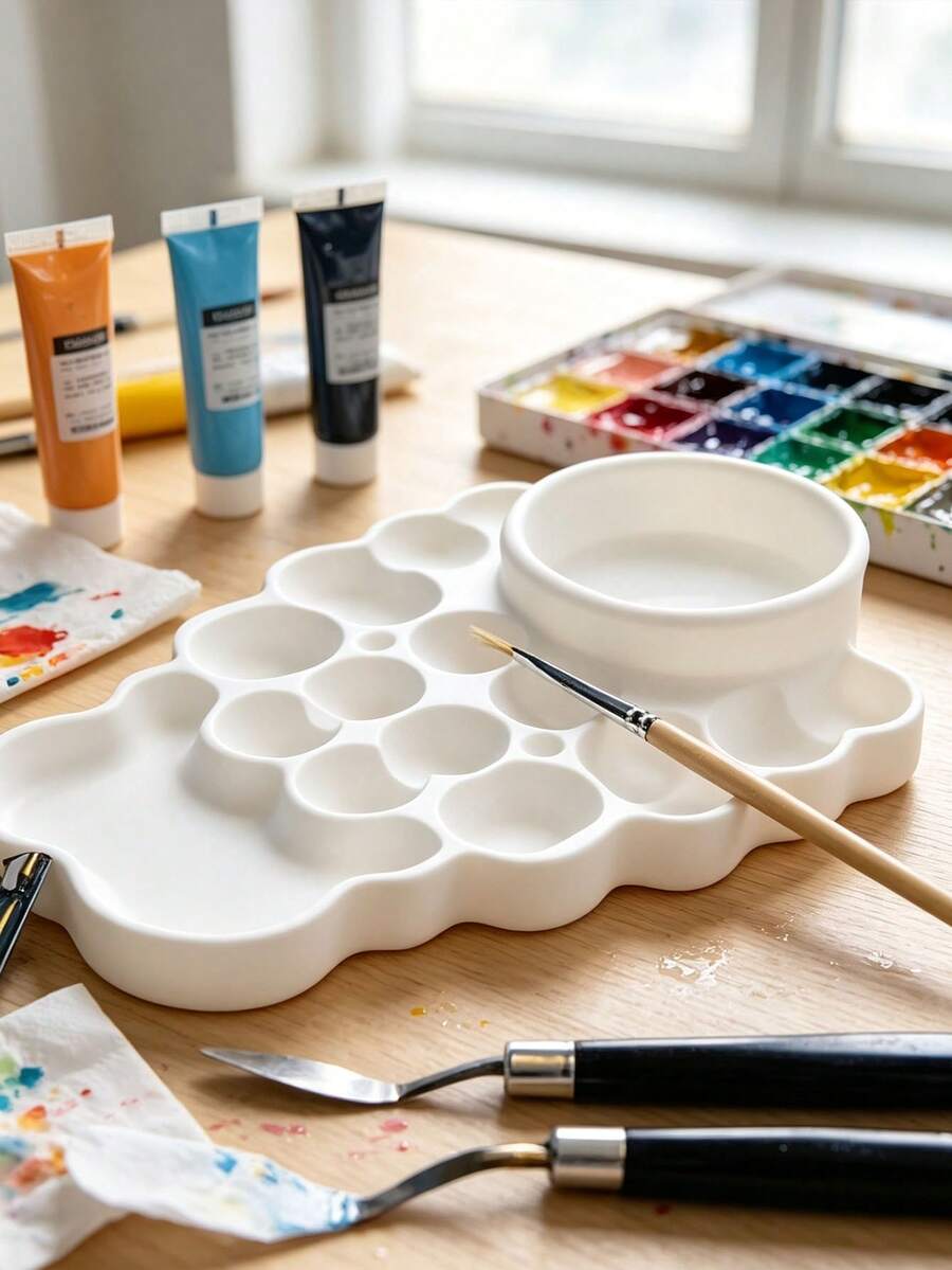 Atmospheric Color Palette, Glossy Handmade Plastic Palette, White Plastic Palette, Multi-Hole Palette, Artist Gift - Multicolor - View 1