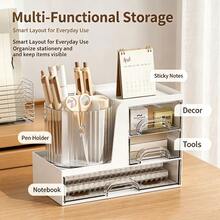 Multifunctional Desktop Storage Box Rotating Pen Holder Makeup Organizer Transparent Multi-Layer Drawer Large Capacity Compartment Storage Bin For Students Office Vanity - Multicolor - View 4