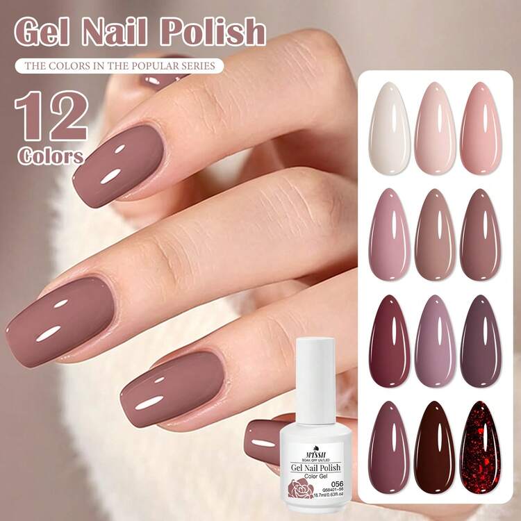 Mtssii 12件組 18.7ml Neutra Nude 凝膠指甲油套組，可浸泡式 UV LED 固化半永久美甲凝膠，柔和奶米色、灰玫瑰色、紫色、酒紅色、深棕色含亮粉閃粉色調，亮面防脫落指甲油，專業美甲足部護理套組 - 彩色 - 查看 3