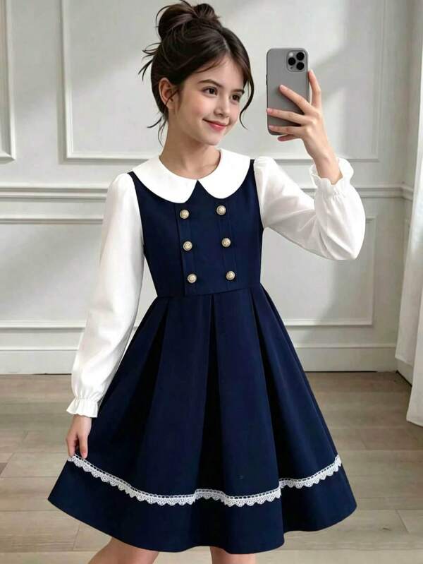 Tween Girls' College Style 2 In 1 Dress With Lapel, Lace Trim And Double-Breasted Buttons, Delicate Casual Daily Streetwear With Light Vintage Look