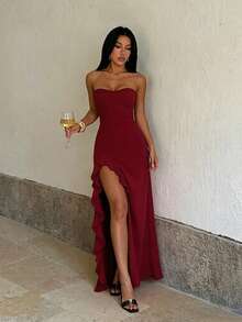 1pc Solid Color Elegant Knitted Fabric Ruffle Hem Dress Beach Vacation Summer - Burgundy - View 4