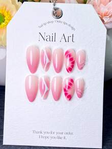 10 Pieces Of Handmade Press On Nails,Nails,Fake Nails,Short Nails,Almond Nails,Pink Nails,With White Wavy Line Patterns,Nails Printed With Pink Petal Water Ripple Texture And Twisted Pink Swirl Accents,Perfect For Daily Wear And Date. - Pink - View 12