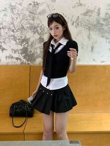 Korean Style Color Block Patchwork 2 In 1 T-Shirt (No Tie) Casual Summer - Black and White - View 10