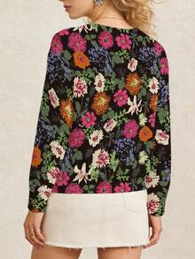 Women's Autumn Vintage Floral Print Knit Sweater, Round Neck Pullover Knit Top, Eye-Catching Outfit For Outings - Multicolor - View 5