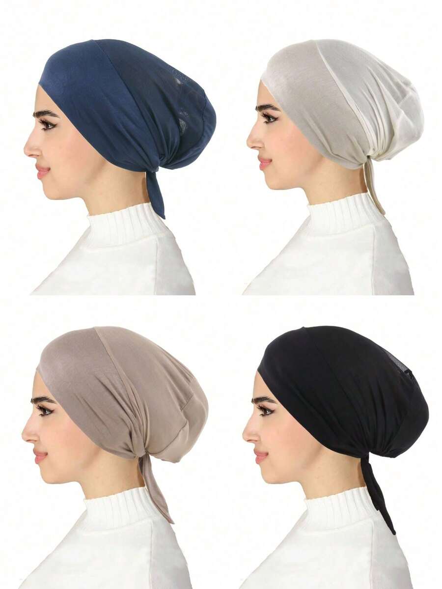 4pcs Lace Trim Tie-Up Base Caps - 1 Black + 1 Navy Blue + 1 Light Khaki + 1 Dark Khaki - View 1