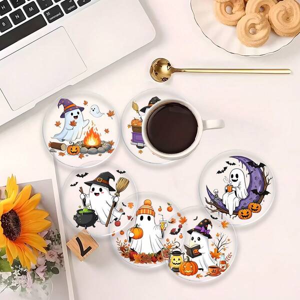 New 6 Patterns Halloween Ghost Witch Pumpkin Acrylic Coasters, Waterproof Wear-Resistant Tea Cup Heat Insulation Pads, Suitable For Coffee Cups, Milk Tea Cups, Mugs, Home Desktop Decoration, Holiday Small Gift