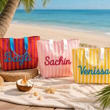 1pc Personalized Striped PVC Beach Tote Bag, Customized Rope Strap Name Shoulder Bag, Large Capacity Pool Bag, Birthday Gift For Her, Summer Vacation Shoulder Tote Bag - Multicolor - View 4