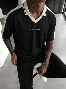 Men's Summer Versatile Fashion Contrast Color Minimalist English Letter Print Crew Neck Loose Short Sleeve T-Shirt - Black - View 2