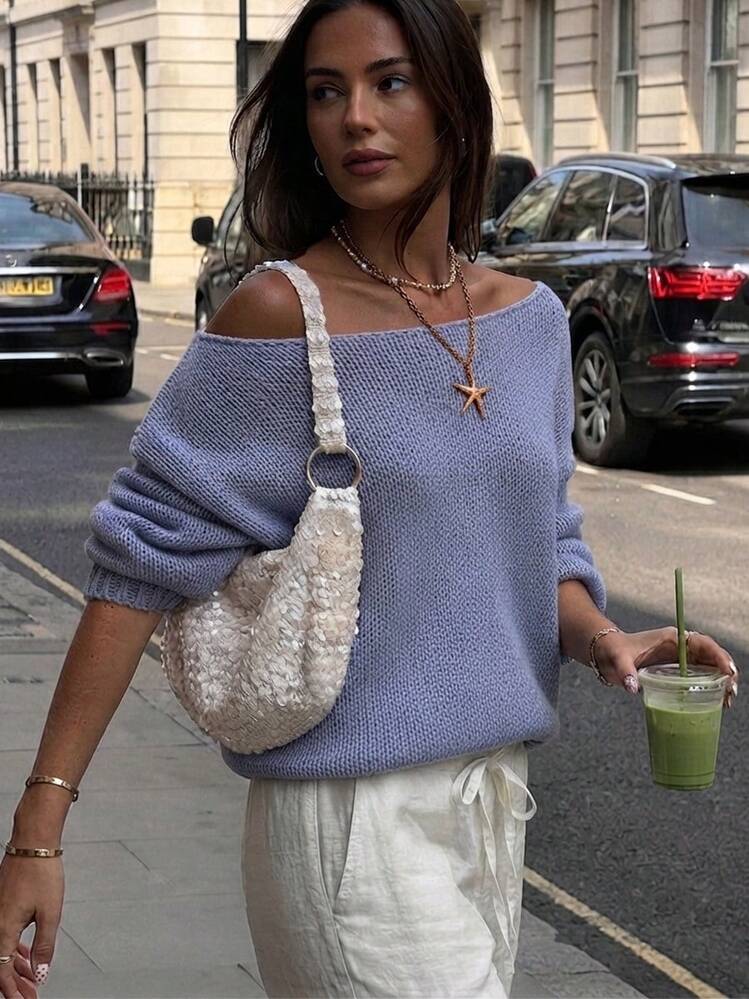 Women's Off-Shoulder Knit Pullover Sweater, Long Sleeve Asymmetric Ribbed Knit Top, Medium Stretch Regular Length, Suitable For Spring And Autumn - Mauve Purple - View 6