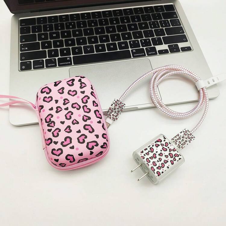 6pcs Pink Watercolor Heart & Leopard Print Data Cable Protector Set With Watercolor Heart & Leopard Print Storage Bag, Matching Pattern Charger Head Protector, Laser Gradient Data Cable & Cable Clip, Shockproof & Drop-Resistant Portable Handheld Storage Bag, Can Store Earphones & Fast Charging Power Bank, Gentle Style Student Commute All-In-One Data Cable Protection Set - View 14