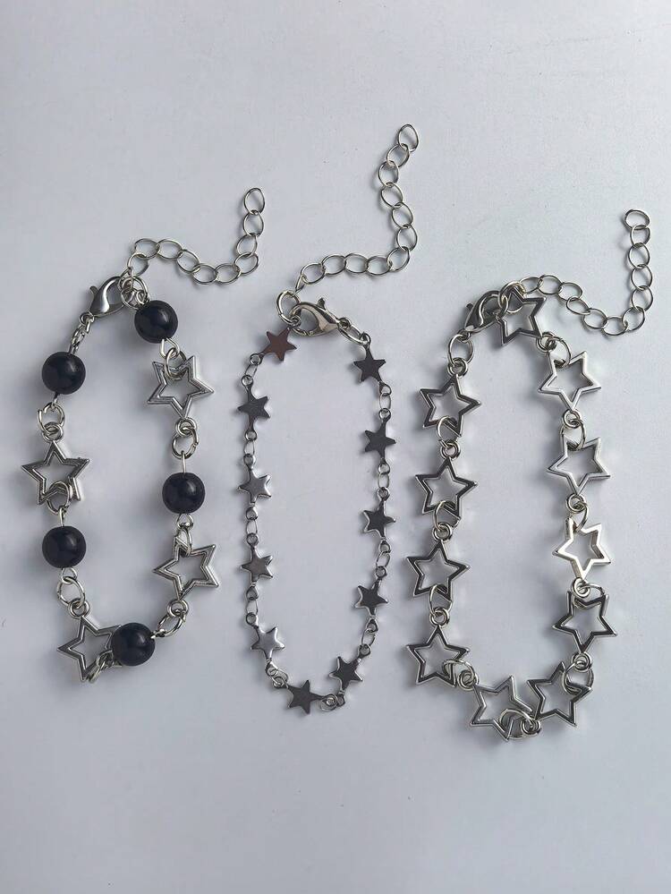 3pcs Dark Asian Harajuku Style Silver Metal Solid & Hollow Star Black Bead Layered Chain Bracelet Set, Punk Nightclub Jewelry For Girls - Multicolor - View 2