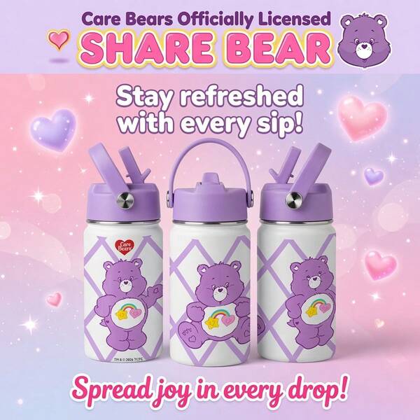 1 cốc giữ nhiệt inox 12oz Care Bears chính hãng màu tím Share Bear, tay cầm hồng, nắp bật kèm ống hút, bình nước cầm tay chống rò rỉ phong cách campus châu Âu