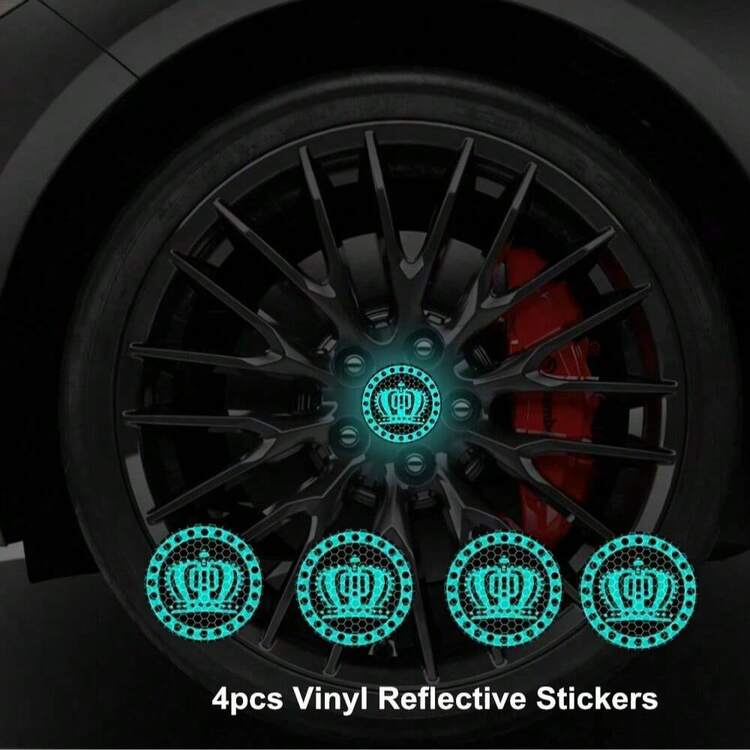 4pcs/Set Crown Pattern Car Wheel Hub Reflective Stickers - Vinyl Self-Adhesive Safety Warning Stickers, Suitable For SUV And Trucks, Fashionable Appearance Decorative Stickers, Enhance Night Driving Safety, Made Of High-Grade Reflective Vinyl Material, High Visibility In Low Light/Dark Environments, Waterproof And Weather-Resistant, Suitable For Outdoor Use, Easy To Apply On Wheel Rims - A - View 12