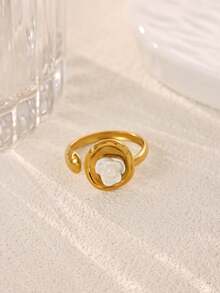 Minimalist Elegant White Faux Pearl Camellia Stainless Steel Women's Ring, Gold Anti-Rust Adjustable Flower Ring, Suitable For Girlfriend, Mother And Best Friend, Wedding, Proposal Jewelry, Vacation, Party, Bridesmaid Accessory, Birthday, Anniversary Gift - Multicolor - View 8