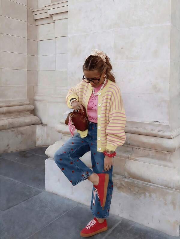 SEREN Áo cardigan len nữ cổ tròn kẻ sọc cài nút mới cho thu/đông, dáng rộng, phong cách thường ngày retro, áo khoác len nữ mặc hàng ngày
