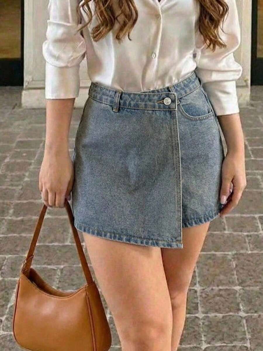 Falda-Short Skort Mini, Shorts cortos vaqueros casuales de tela suave y cómoda con envolvente, versátiles para el verano - Verde Oscuro - Ver 1