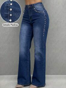 Pantalón Mezclilla Stretch Mujer Con Diamantes De Imitacion - Azul lavado medio - Ver 1