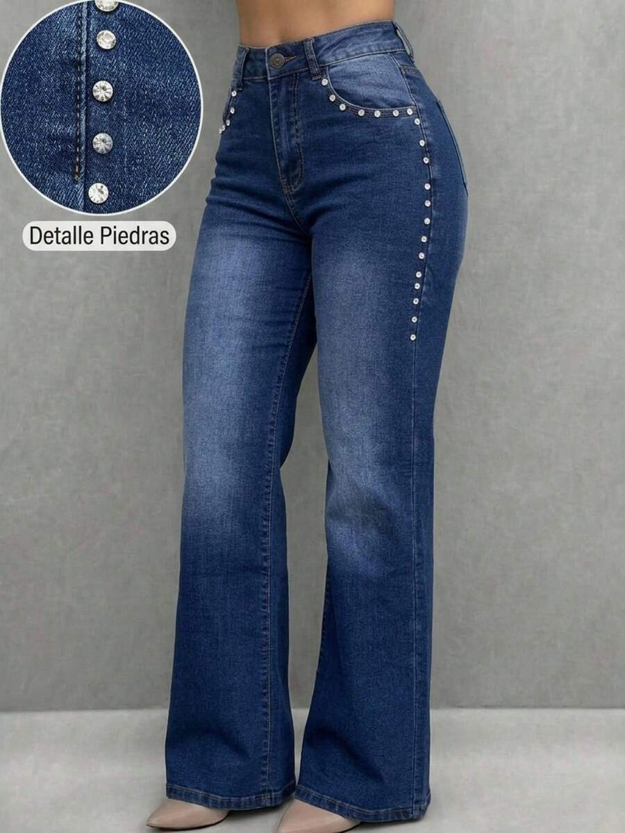 Pantalón Mezclilla Stretch Mujer Con Diamantes De Imitacion - Azul lavado medio - Ver 1
