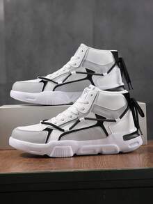 Men's Patchwork Colorblock Design Casual Sneakers, Personalized High-Top Versatile Comfortable Sports Shoes - white ash - View 7