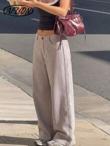 Women's Summer Vertical Striped High Waist Wide Leg Pants, Button Fly Side Seam Detail Loose Long Pants, Suitable For Daily, Office And Vacation - Brown - View 6